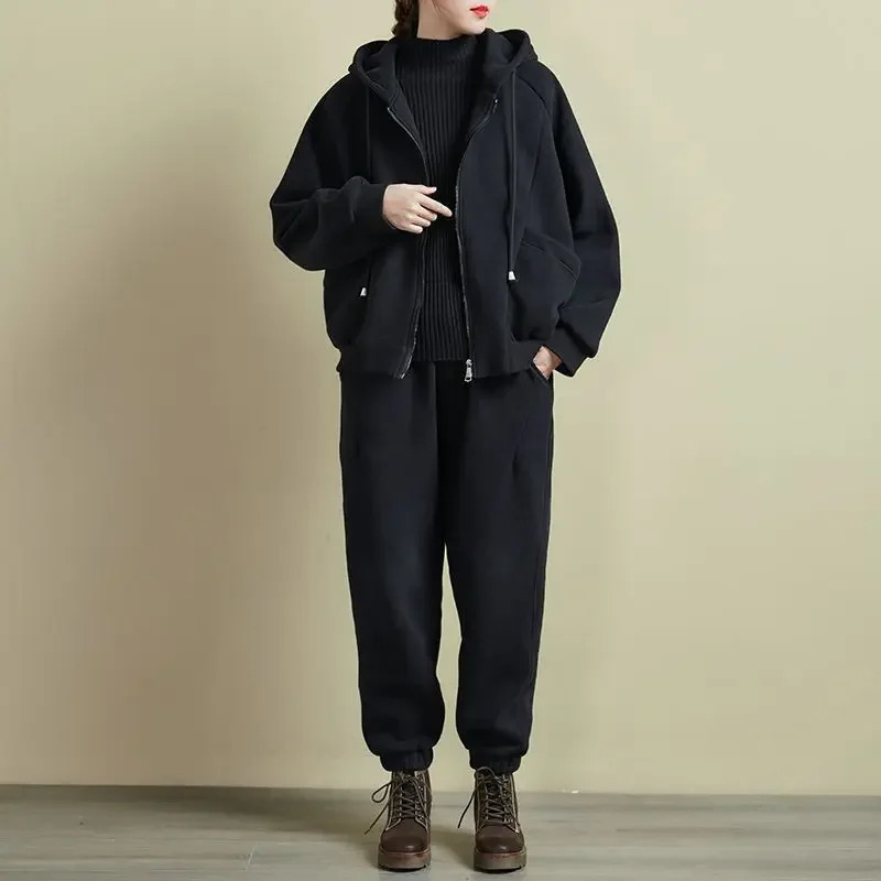 Women Clothing Sets Zipper HoodiesHarem Pants 2Pcs Suit Solid Color Autumn Winter Fleece Thicken Warm Female Casual Tracksuit 251027