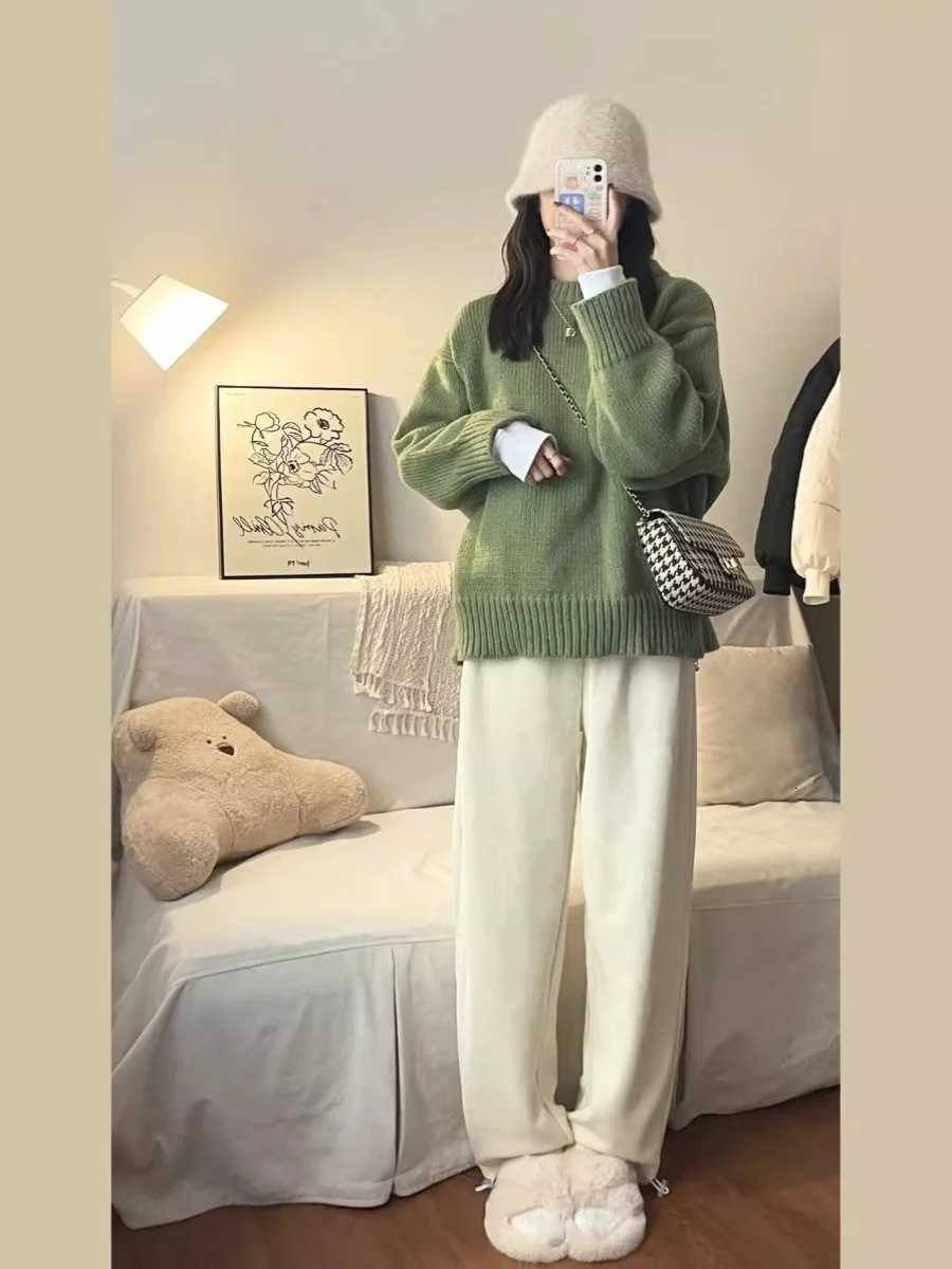 New ONeck Loose Green Pullover Sweater For Women Autumn Winter Thick Retro Japanese Lazy Style Interior Bottom Knitted TopT251027