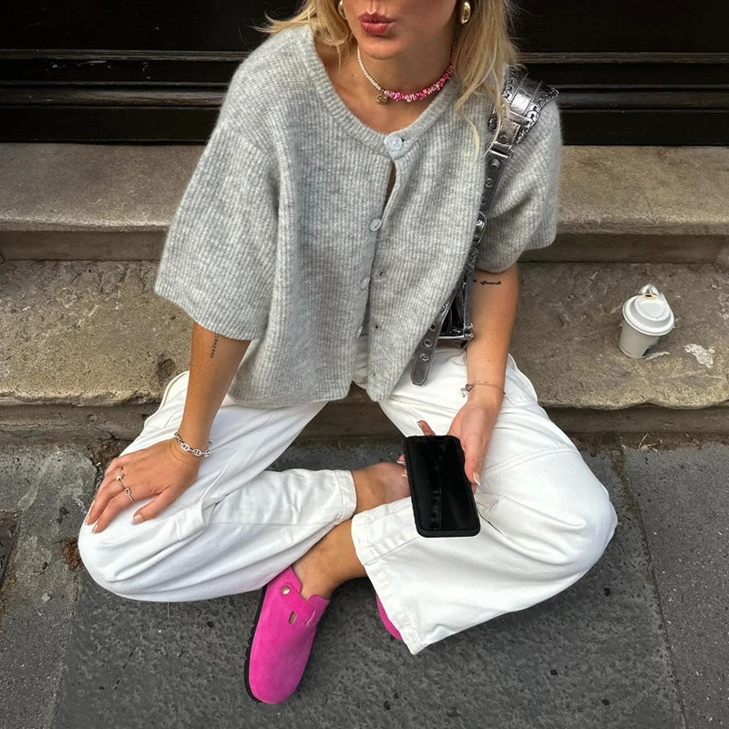 Maemukilabe Vintage Button Up Short Sleeve Cardigans Preppy Aesthetic Y2K Knitted Sweater Tshirt Women Loose Fit Knitwear Tops 251027