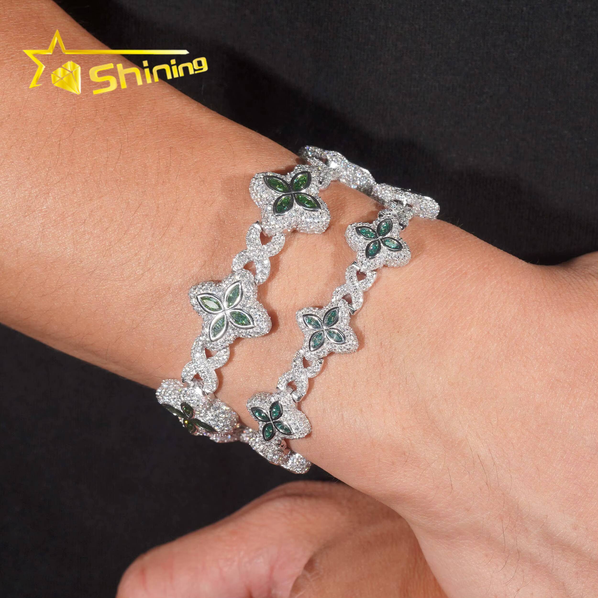 Rapper Hip Hop Jewelry 15mm 18mm Green Clover Moissanite Cuban Bracelet Custom 925 Silver Iced Out Infinity Moissanite Bracelet