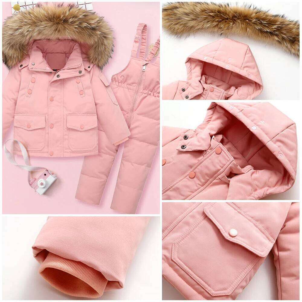 Baby Boys Snowsuits,2-Piece Fur Hooded Down Jacket With Bib Pants,Thick Warm Toddler Kids Winter Suits,Skiing Puffer Wear