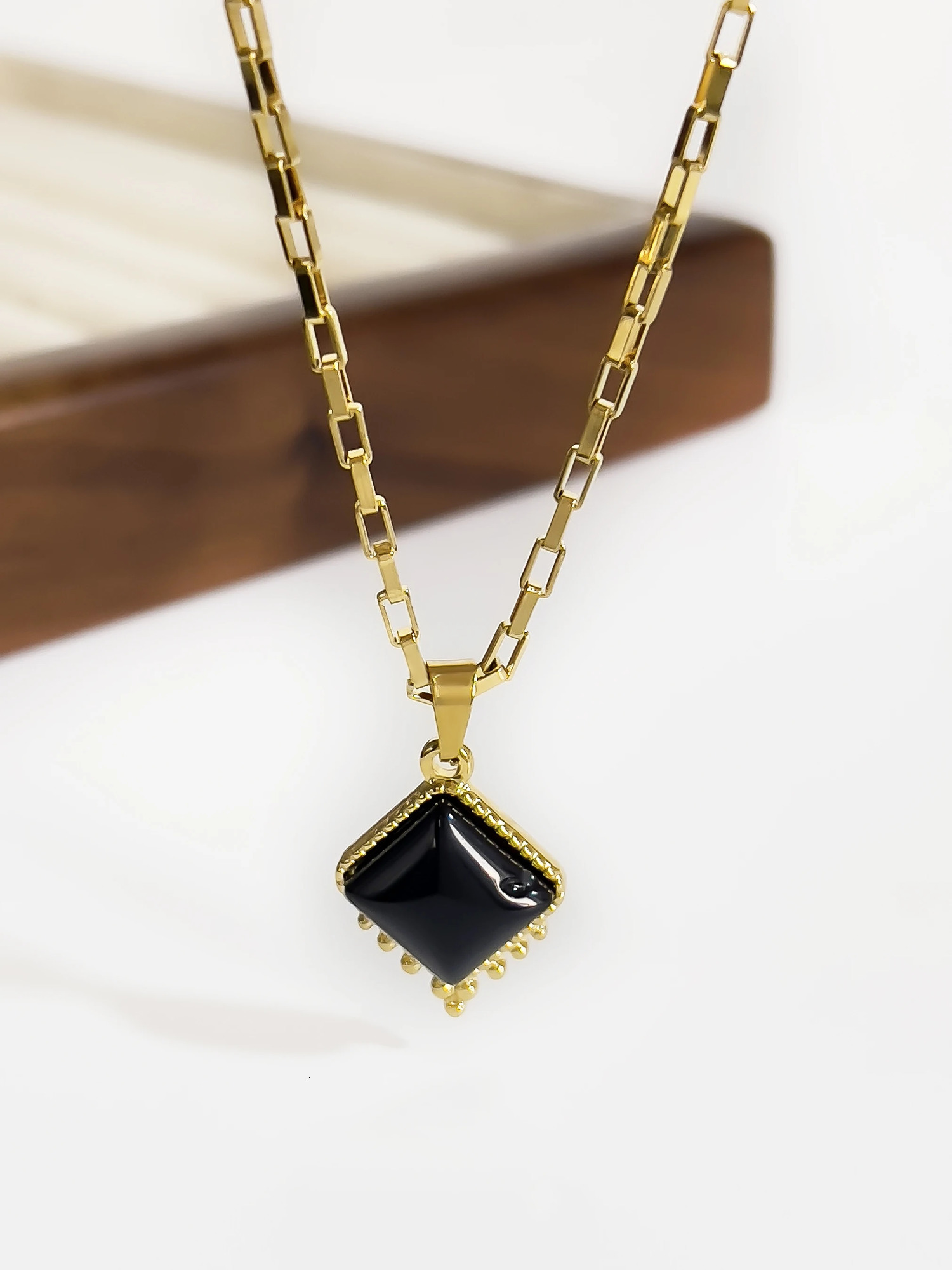 Perisbox Simple High Quality Square Natural Stone Pendant Necklace for Women Stainless steel Clavicle Chain Fashion Accessories 251023