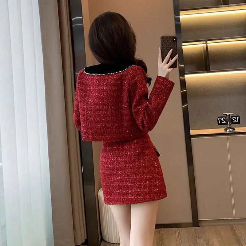 Autumn Winter Sequins Tweed 2 Piece Sets Women Spliced Long Sleeves Jackets Blazer Elegant Straight Mini Sskirt Suits 251023