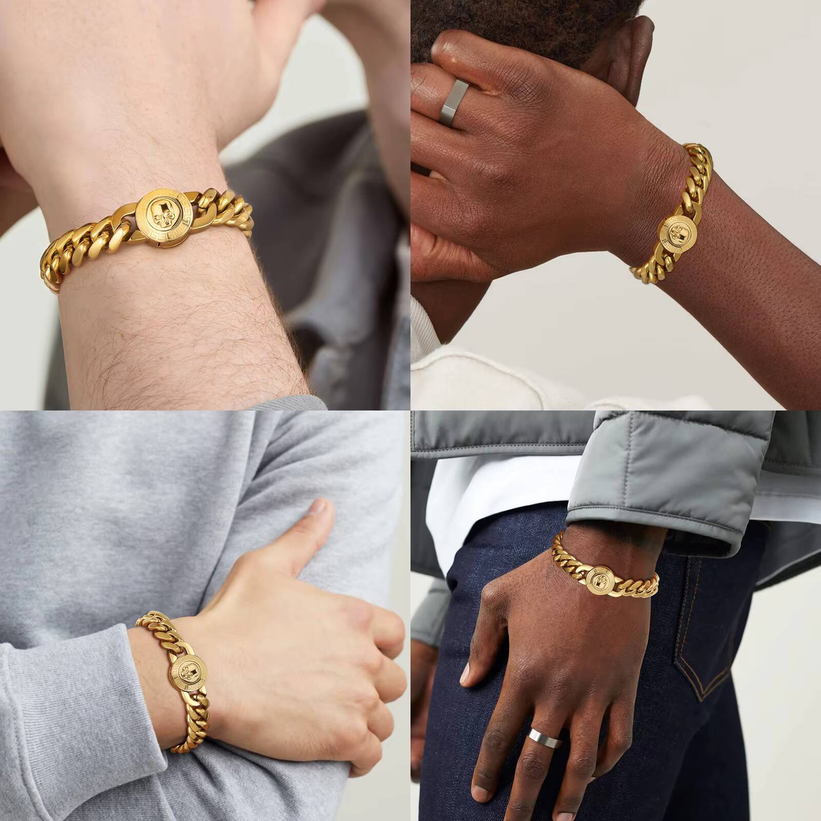 Easter Faith Gifts Cross Lion Compass Antitarnish Jewelry 18K Gold Plated Stainless Steel Mens Miami Cuban Link Chain Bracelet