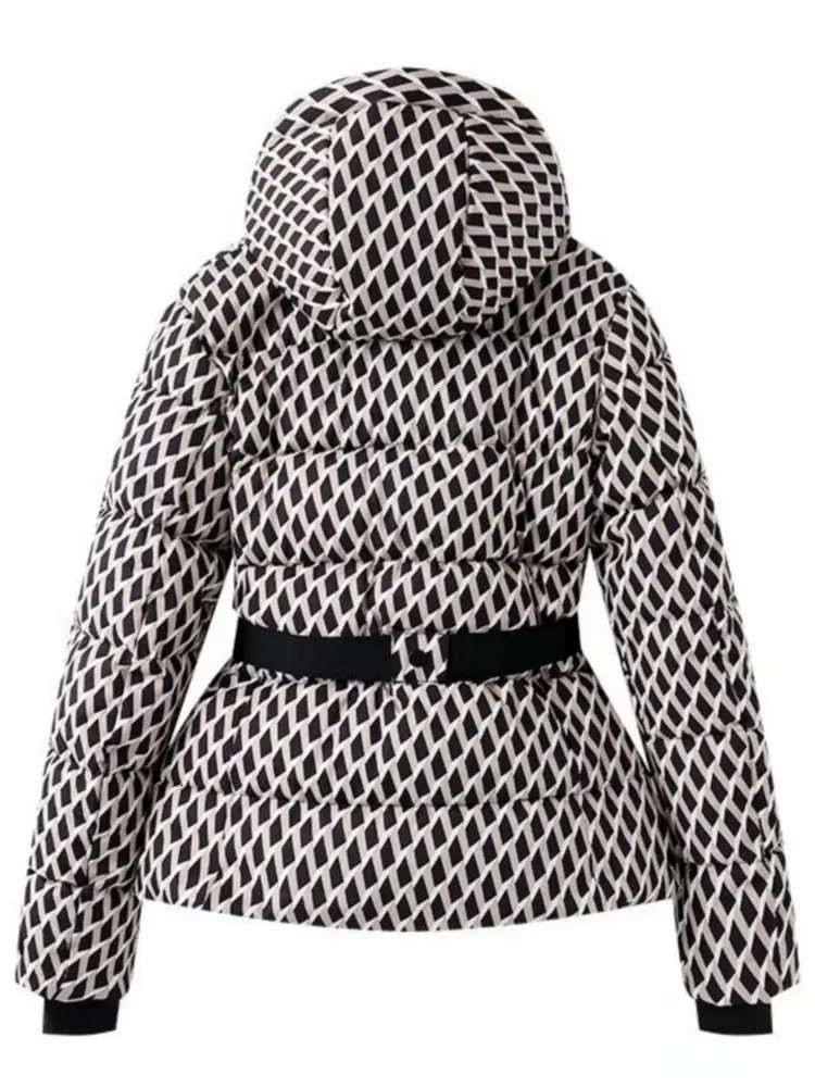 Womens Winter Hooded Padded Sport Parkas Pants 2 PCS Set Belt Female Elegant Warm Windproof Skiing Coats Jackets Trousers 251027