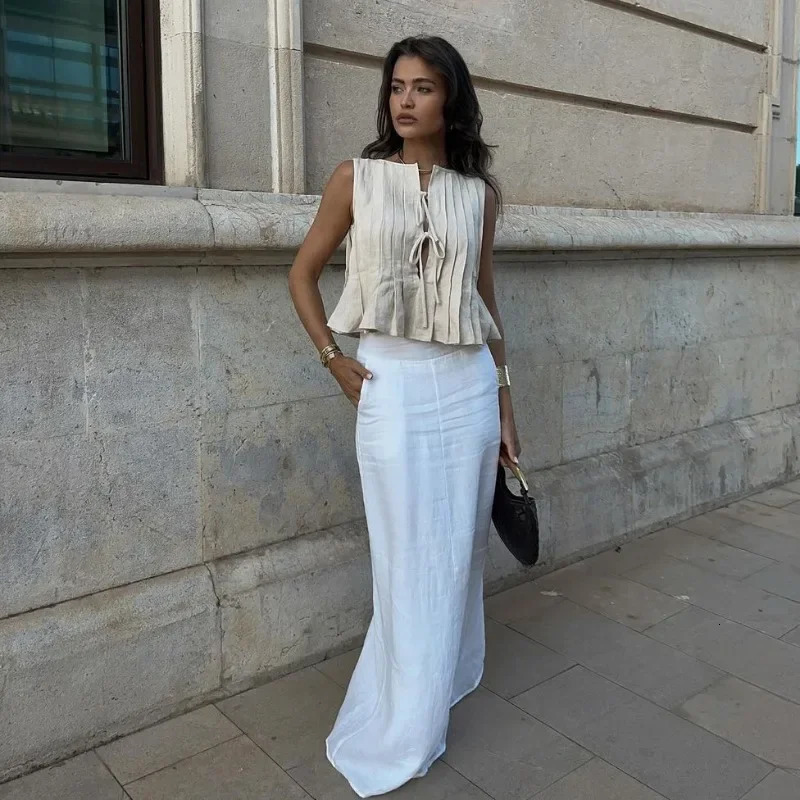 Trendix Solid Rib Bandage Sleeveless Vest For Women Hollow Out Patchwork Folds Slim Tank Tops Summer Fashion Sexy Lace Up Vest 251027