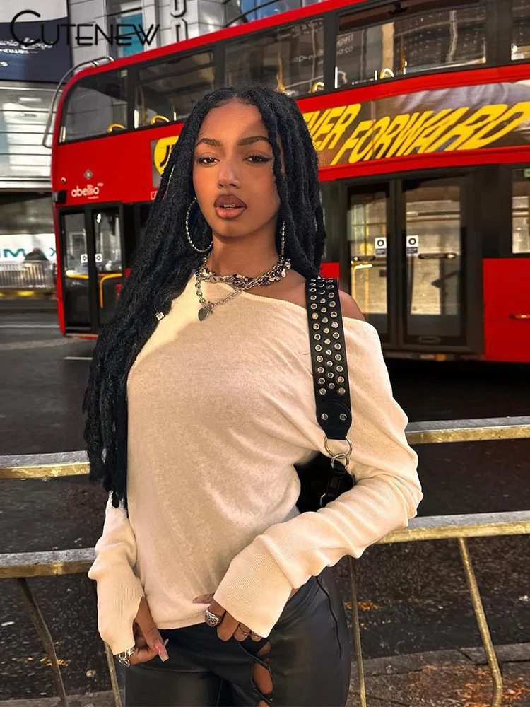 Cute Classic Basic Women Tees Autumn Solid Concise Full Sleeve Incline Shoulder Tops Female Casual Allmatched Streetwear 251027