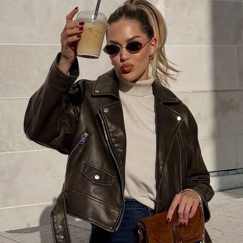 winter jacket women HXAO Brown Short Coat Faux Leather Women Women's Long Sleeve Top Motorcyclist Jacket