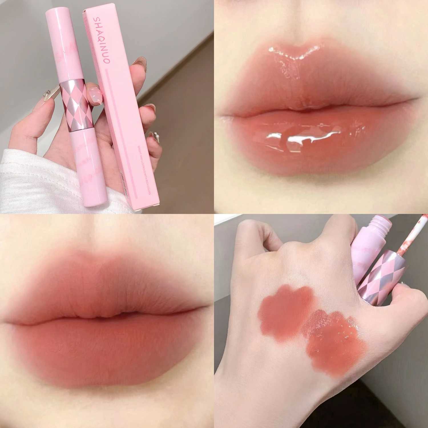 SHAQINUO Sexy Red Matte Lip Glaze Double Head Mirror Lipstick Moisturizing Water Gloss Lip Oil Nonstick Cup Korean Lip Make Up W251027