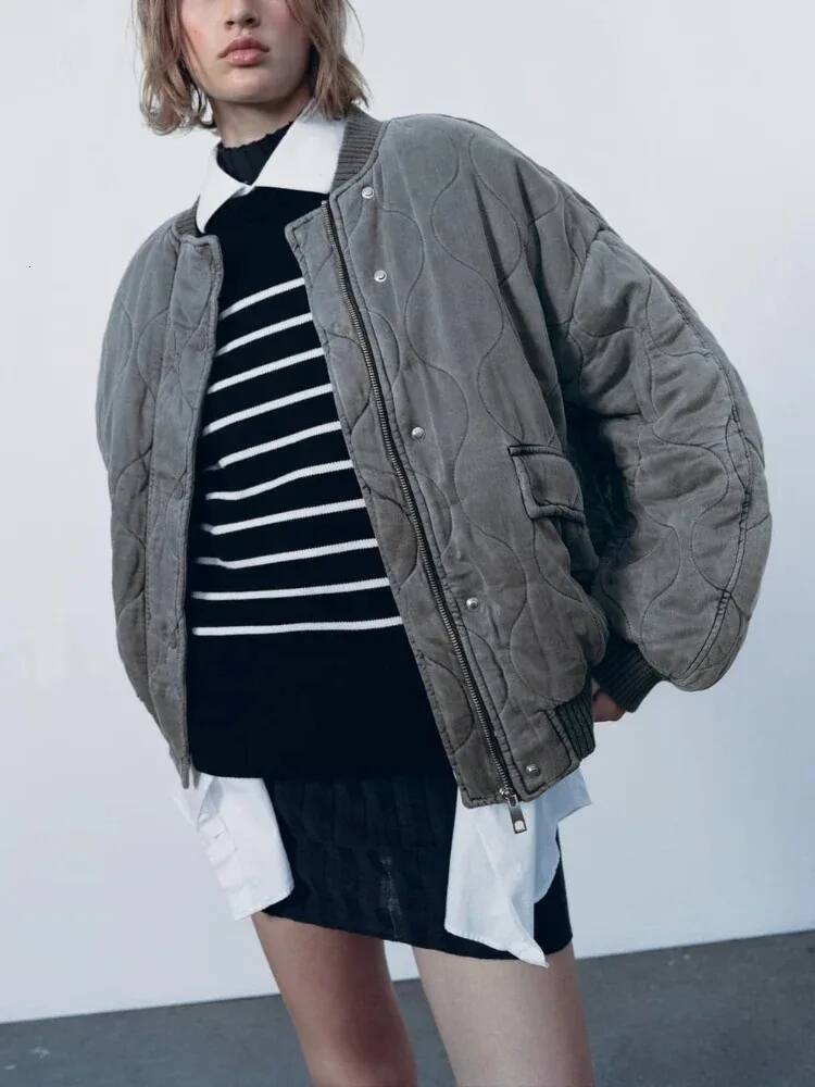 winter jacket women Women's Round Neck Aviator Coat Warm Loose Cotton Zip With Button Grey Fashion Vintage Jacket