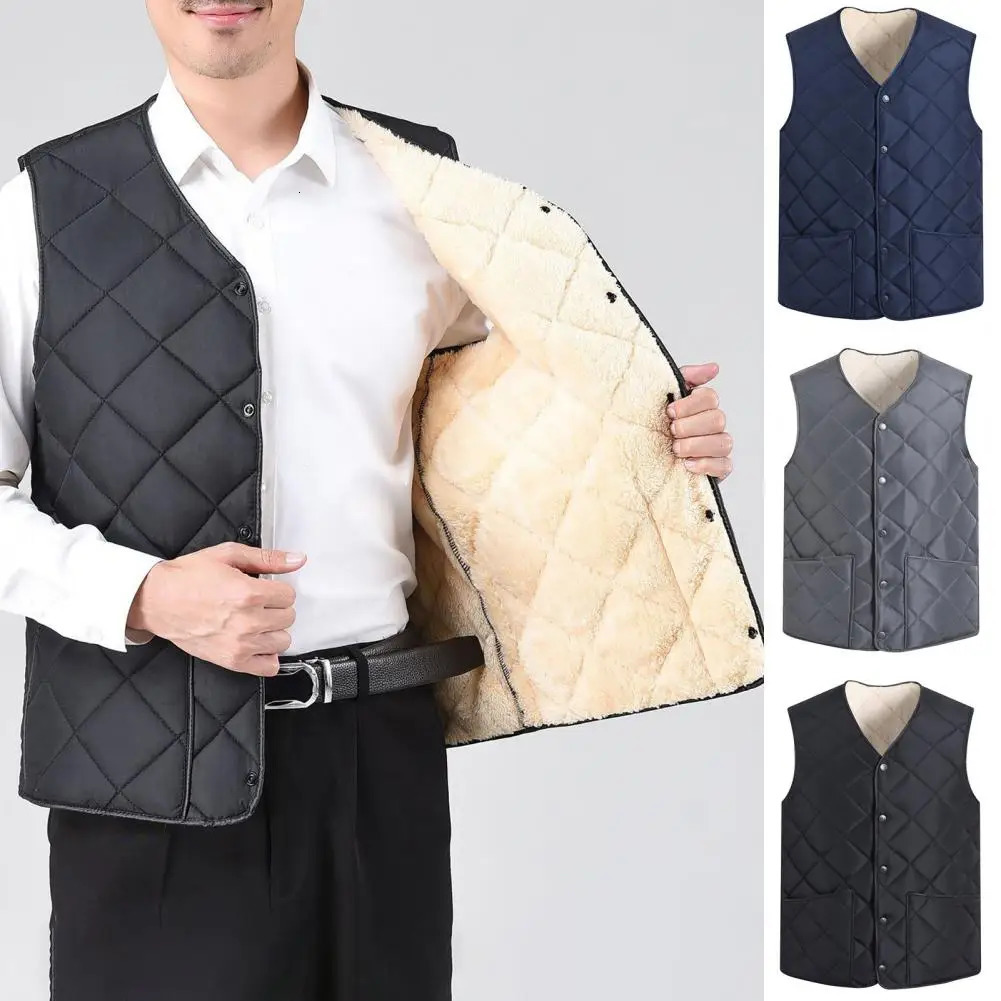 Winter Warm Vest Mens Vneck Down Padding Vest with Button Closure Coldproof Sleeveless Jacket Autumn Winter Solid Color 251024