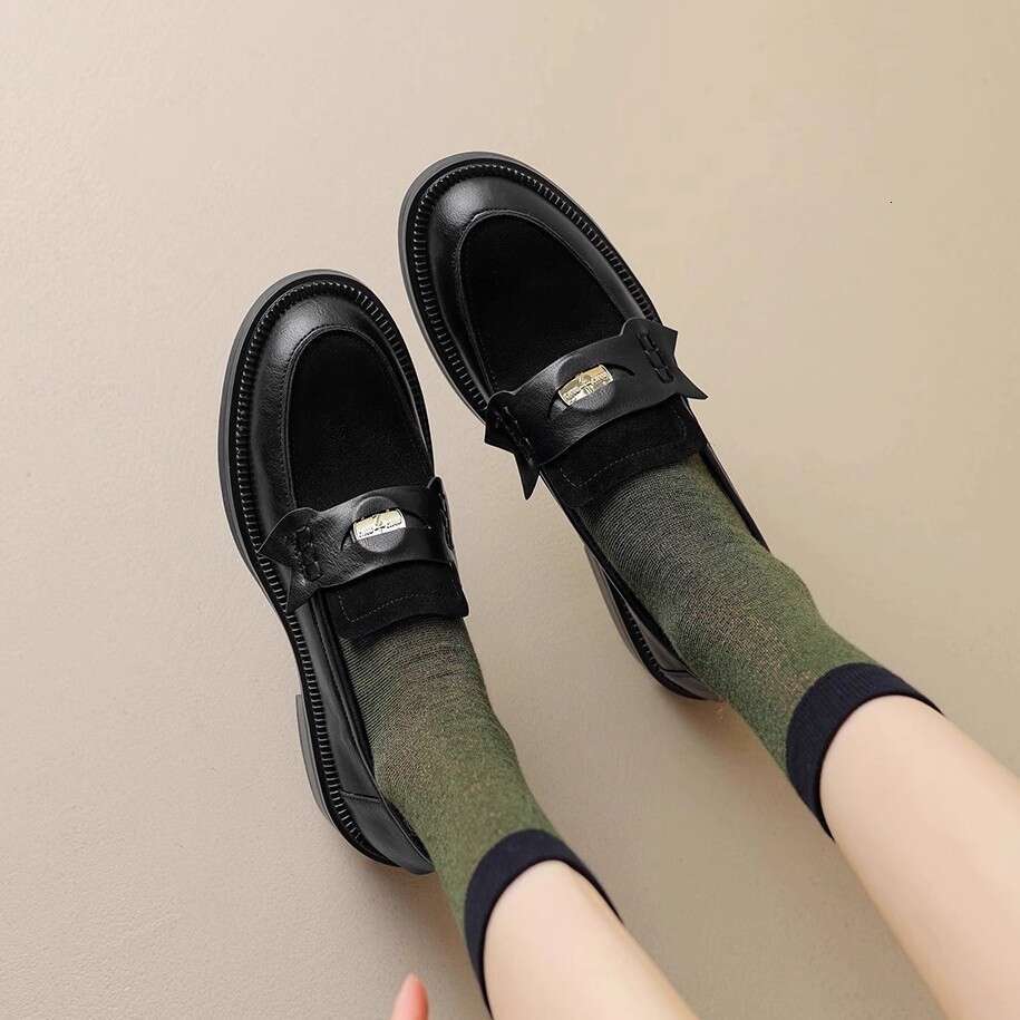 Genuine Brown Loafers Mid-Heel Single 2025 New European British Style Chunky Heel Versatile Small Leather Shoes