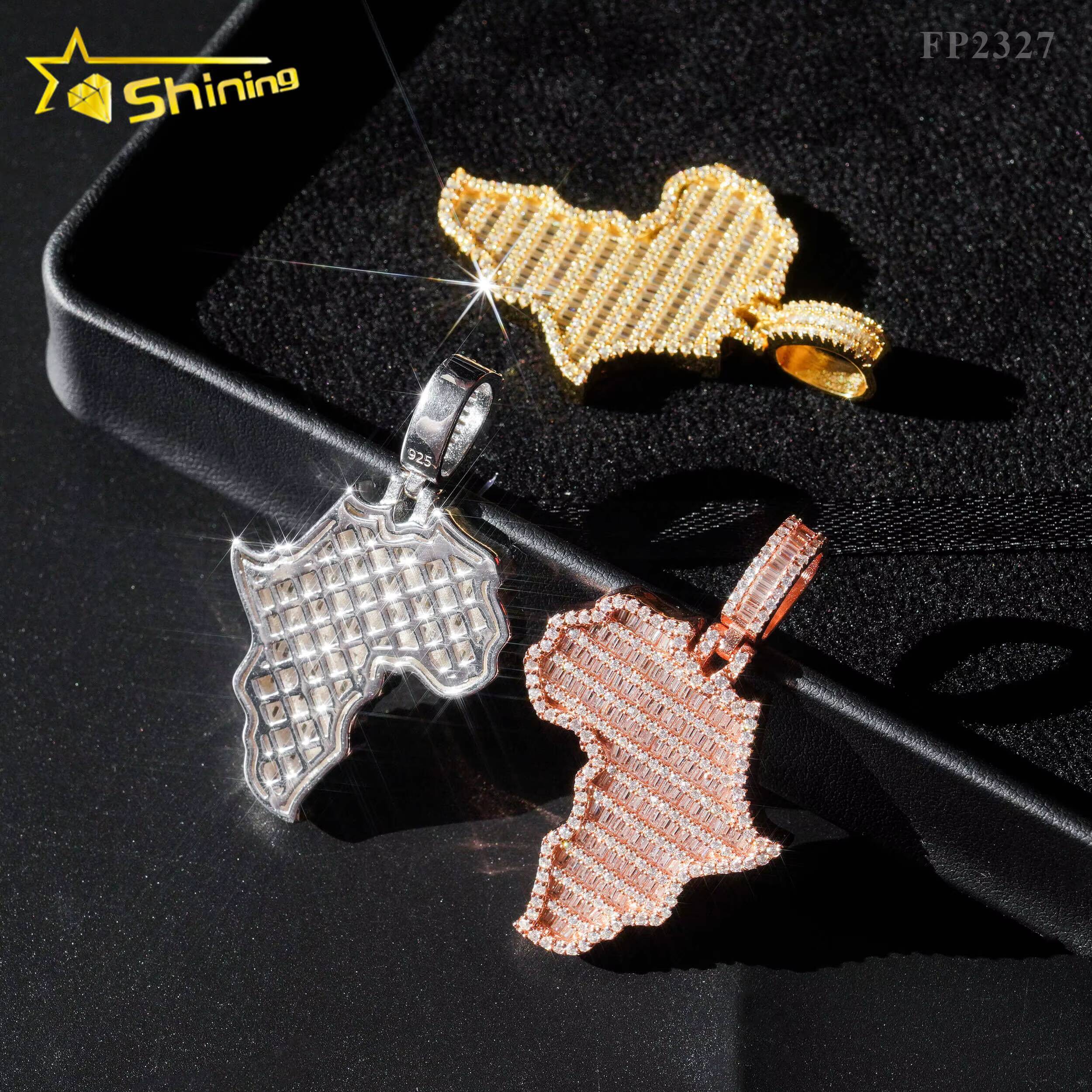 VVS Moissanite Hip Hop Jewelry baguette Diamond Africa Map Pendant 925 Sterling Silver Iced Out Jewelry Custom Made Map Pendants