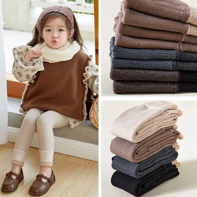 2024 New Autumn Children Girls Solid Color Pit Strip Render Pants Toddler Fleece Padded Warm Trousers Kids LeggingsT251027