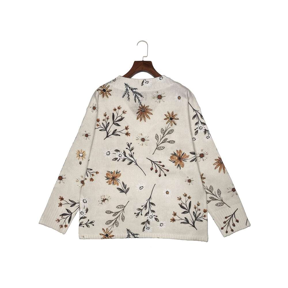 Women's 3D Print V-Neck Sweater - Fashion All-Over Brown Beige Floral Pattern, Soft All-Season Versatile Casual & Wear, Cute Sweater, Formal Atti