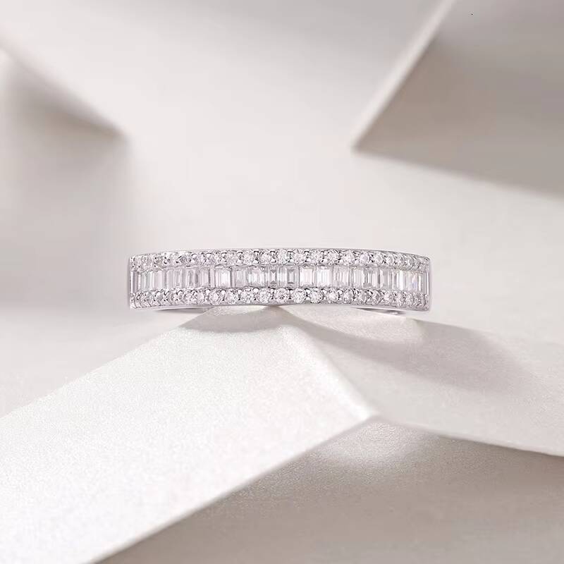 Factory Professional Jewelry 925 Sterling Silver Round Style Emerald Cut Moissanite White Gold Plated Half Eternity Band Rings