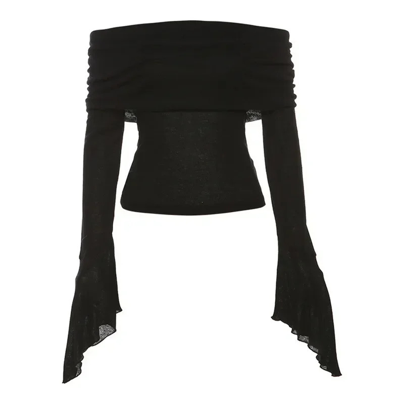 Y2k Aesthetic Simple Fashion Womens Tee Shirts Slash Neck Long Sleeve Solid Casual TShirts Vintage Off Shoulder Trendy Tshirts 251027