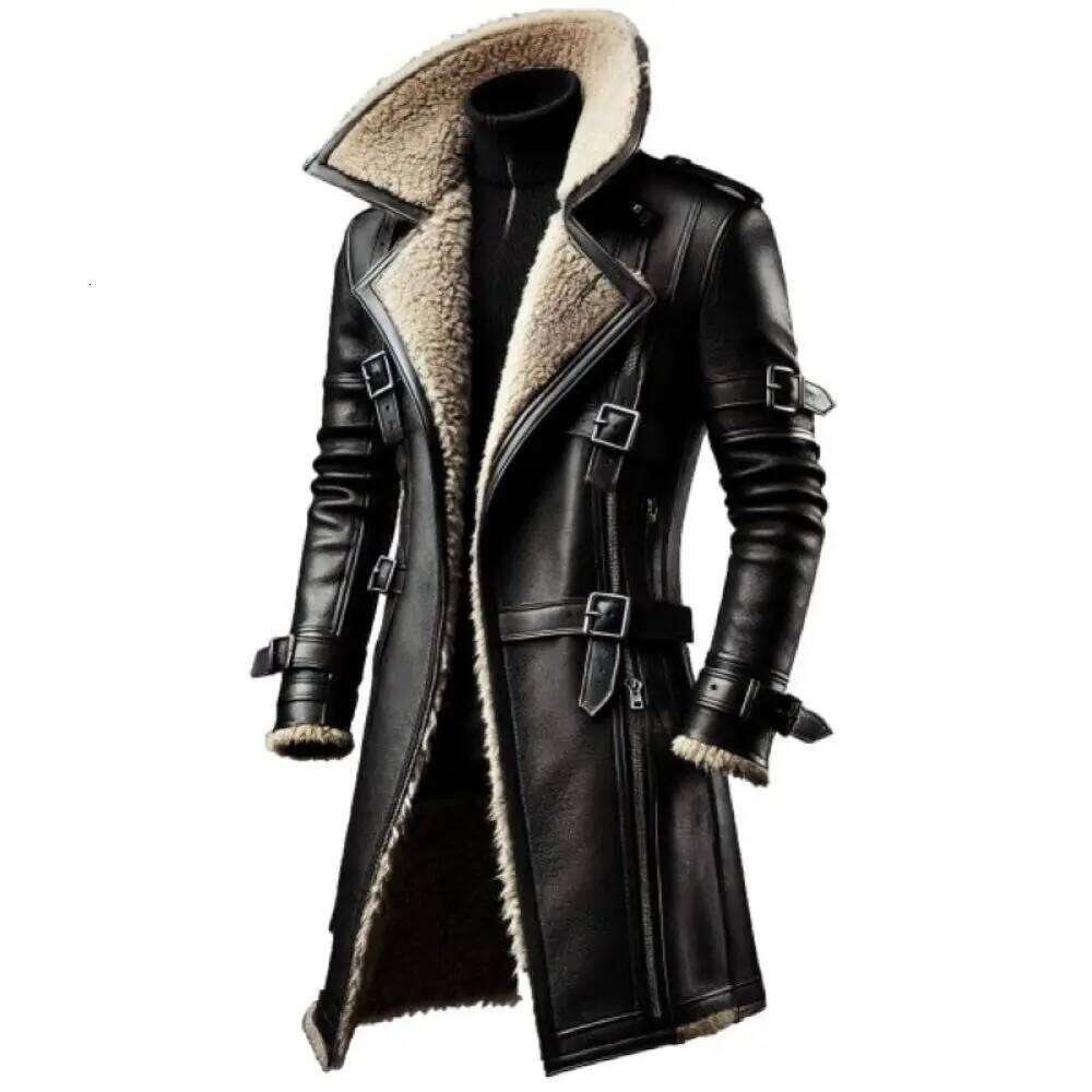 2025 New Men's Training Warm PU Leather Long Coat, Winter Windproof Stand Collar Zip Up Jacket