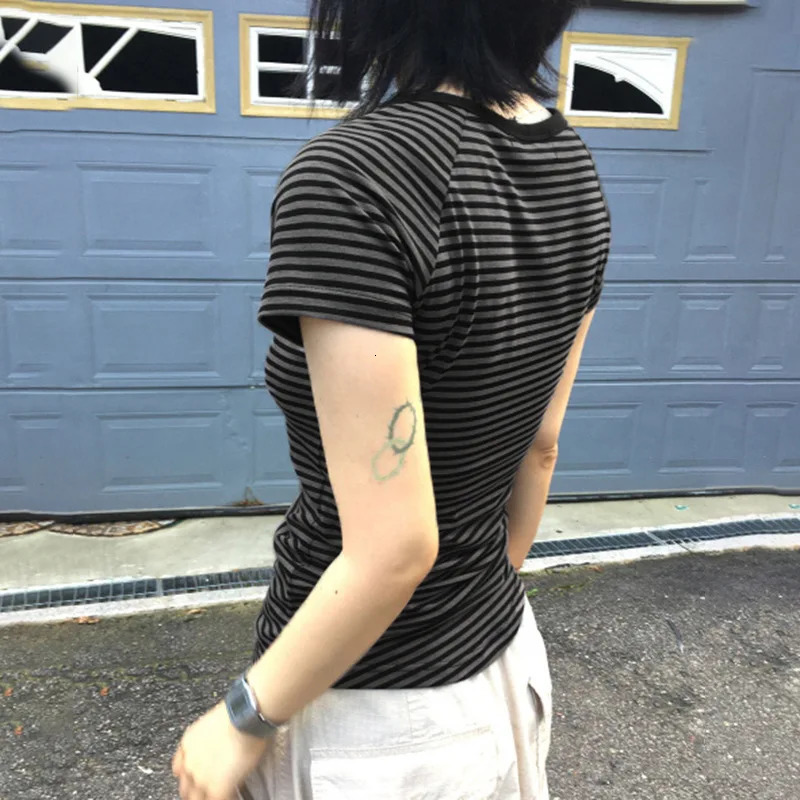 Goth Dark Casual Women Short Sleeve Striped Tshirts Y2K Fashion Vneck Buttonup TShirt Egirl Slim Basic Tops Mall Goth Cloth 251027