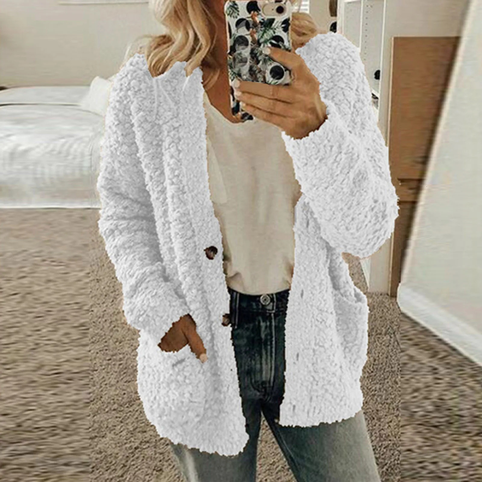 Women Casual Plus Size Plush Sweater Pockets Outerwear Buttons Cardigan Coat Abrigos Mujer Invierno Chamarras Para 251027
