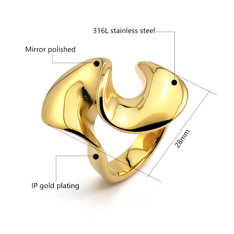 Popular 18k Gold Plated Wave Skirt's Hemline Ring Waterproof Stainless Steel Geometric Pleated Ring for Women