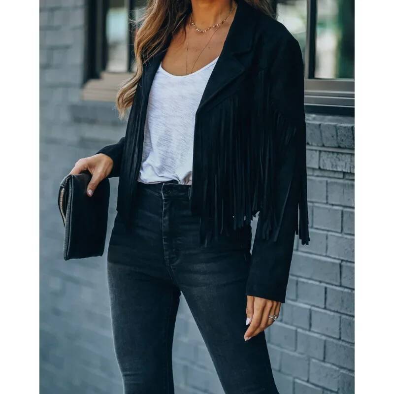 winter jacket women Fashion Winter Women Y2k Fringed Hem Tassel Cardigan Crop Topsr Suede Leather Jacket Vintage Streetwear Cool Coat