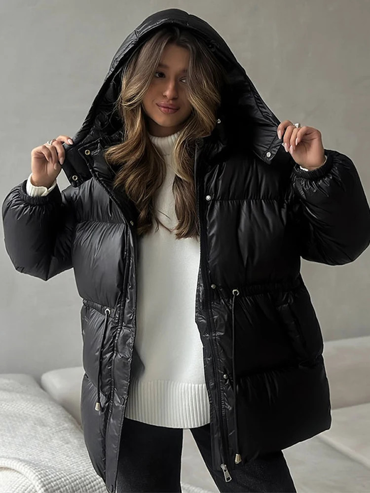 Elegant Cottonpadded Hoody Jacket Women Thicken Lace Up Full Sleeve Button Pockets Jackets Female Warm Winter Outwear 251023
