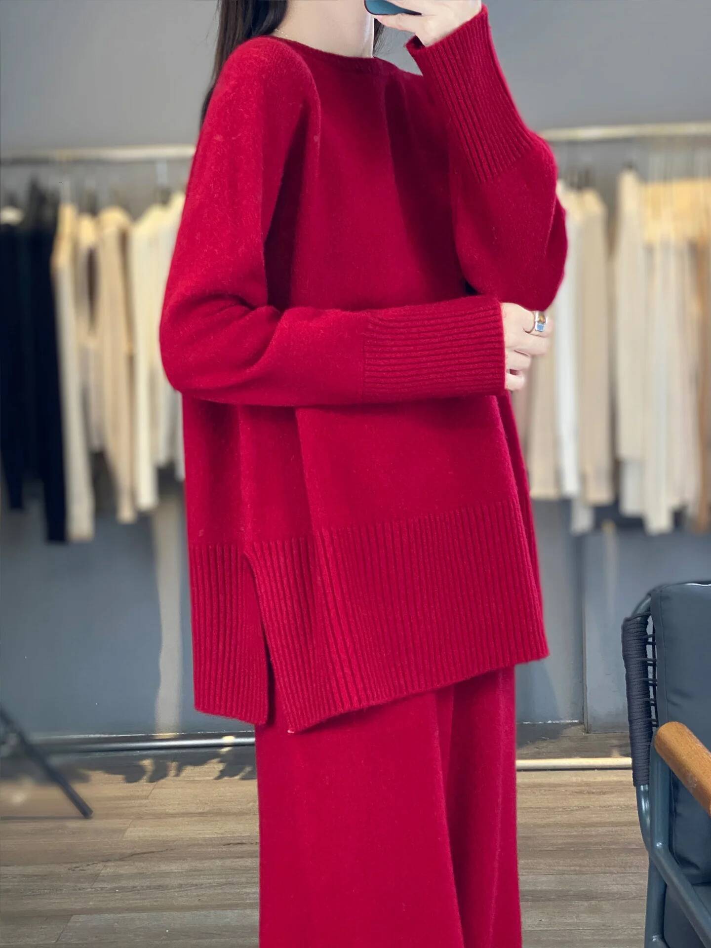 Autumn And Winter Round Neck Thickened Split Thread Knitted Sweater Wide Leg Pants Two-Piece Women's Loose Cashmere Suit