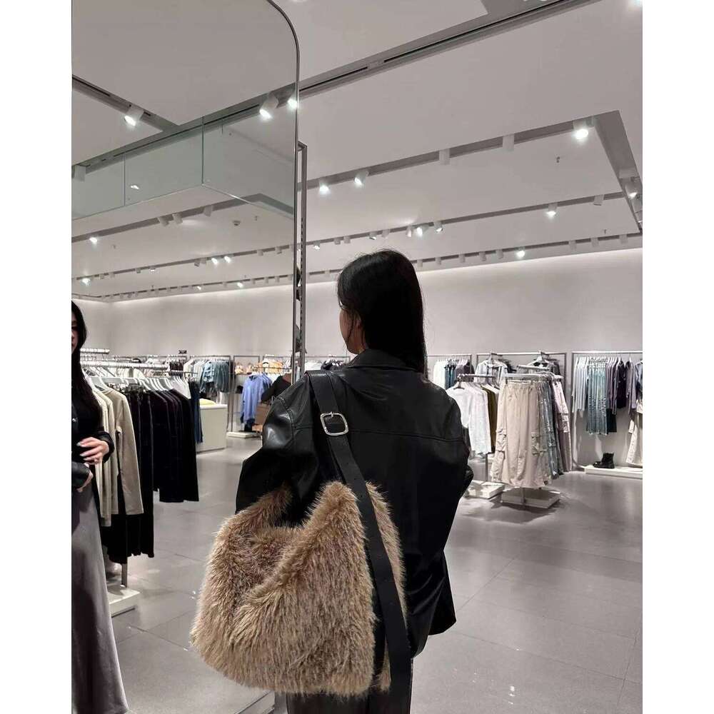 JIAERDI Vintage Khaki Handbag Women Fashionable Large Capacity Soft Plush Tote Ladies Retro Casual Shoulder Bag Y2k