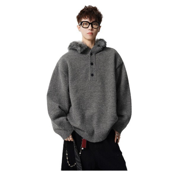 American Style Hooded Sweater With Large Fur Collar For Men And Designer Sweater Women Autumn And Winter Pullover Knitwear Lazy Style Loose Coat Trend