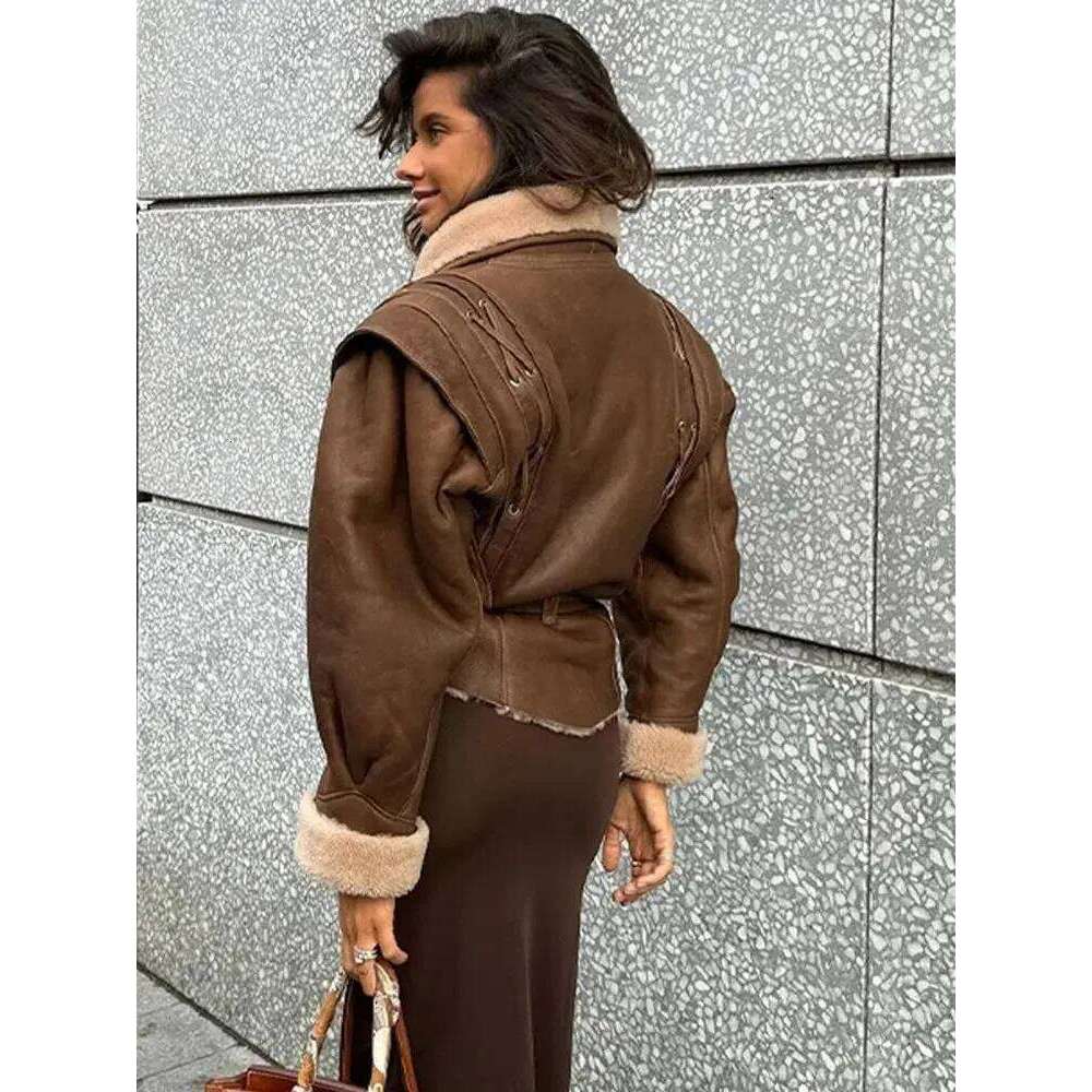 Leather Women's With Belt Fur Coat Streetwear Fashion Solid Outwear Woman Elegant Jackets Chaqueta De Cuero Para Mujer