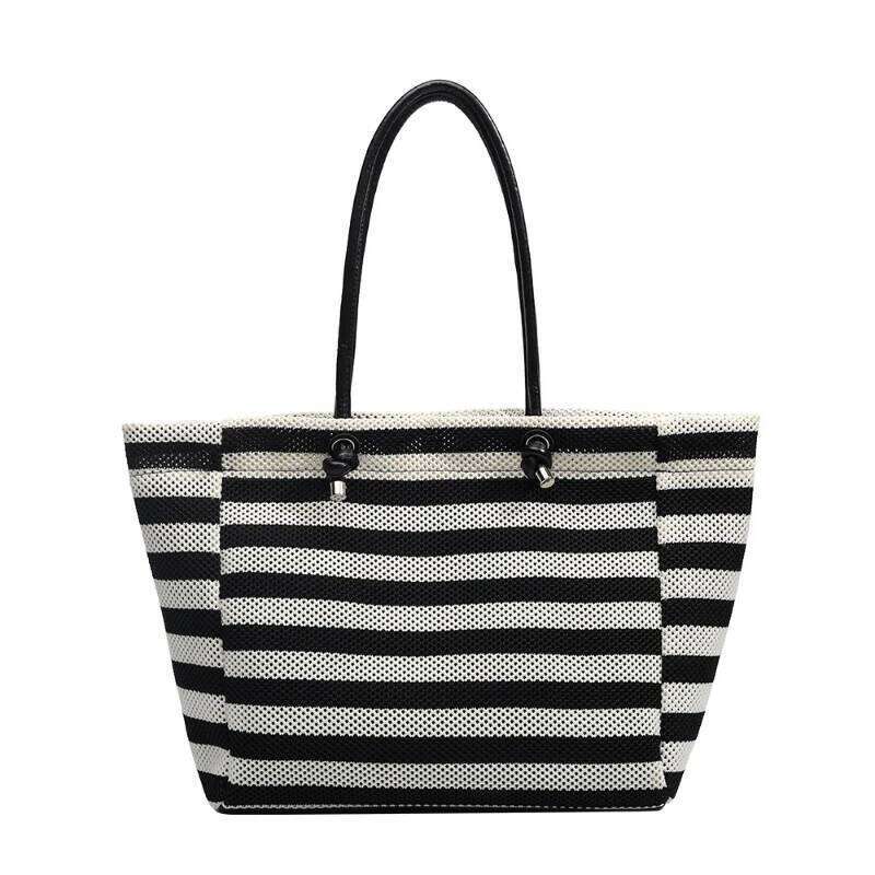 Hand-Woven Black White Striped Tote Women's Lazy Style Large Capacity Vacation Travel Shopper Shoulder Bag Commuter 251027