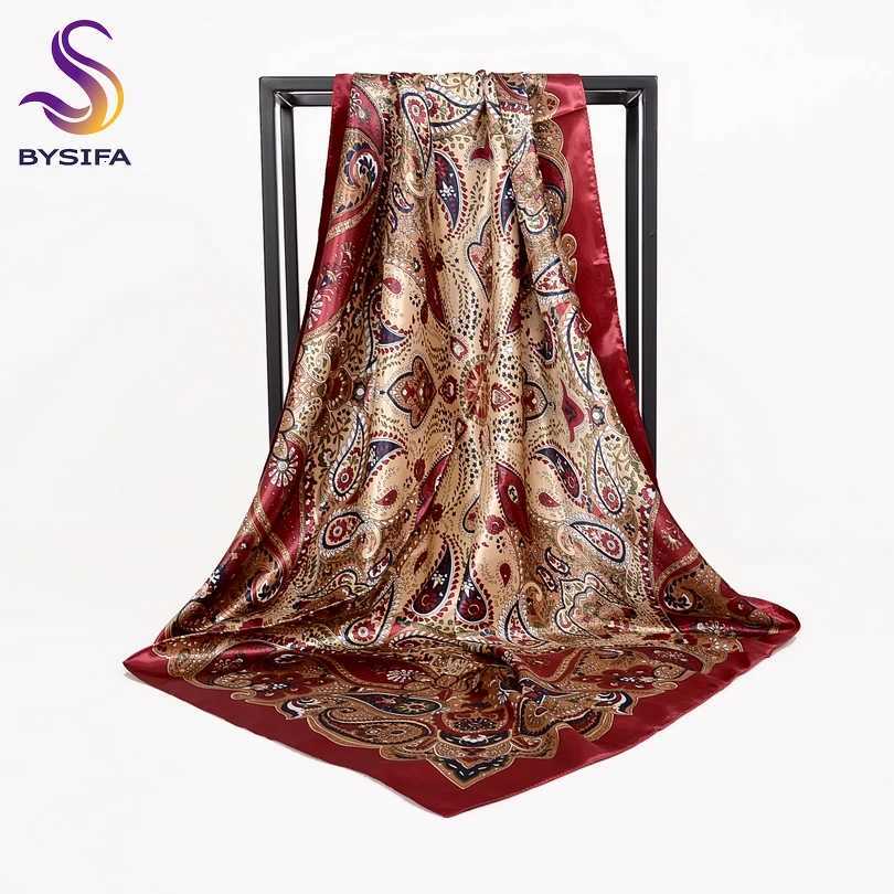 BYSIFA Autumn Winter Ladies Scarves New Accories Wen Large Silk Square Scarves New Wine Red Paisy Muslim Islamic ScarfW251027