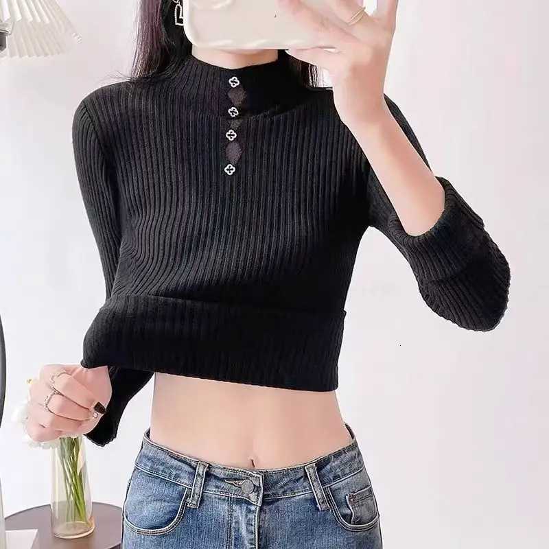 Womens Clothing Elegant Chic Hollow Out Knit Pullovers Autumn Winter New Fashion Allmatch Solid Button Sweaters Lady Y2k TopsT251027