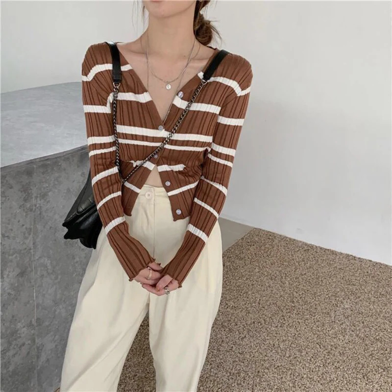 Y2k Stripe Women Cardigan Korean Knitted Slim Button Female Casual Tops Autumn Fashion All Match Chic V Neck Ladies Crop Top 251027