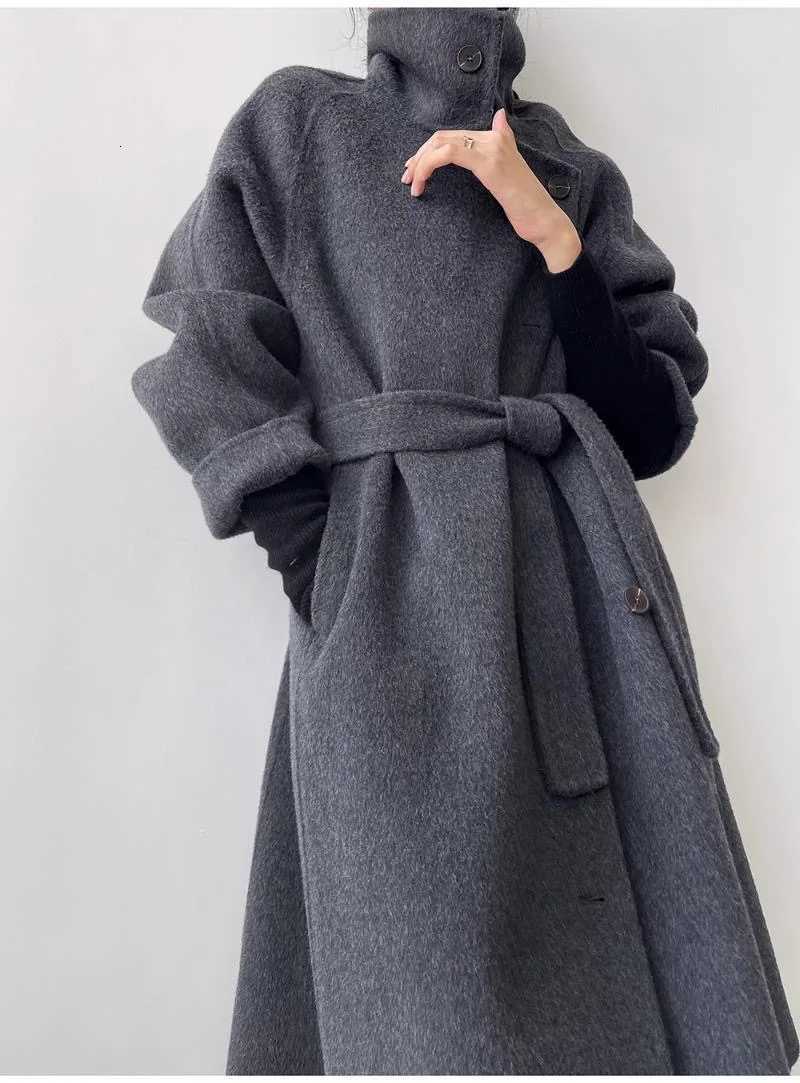 Advanced Gray Standing Collar Long Woolen Coat For WomenS Autumn And Winter Clothing New Fashionable DoubleSided Woolen Coat M251027