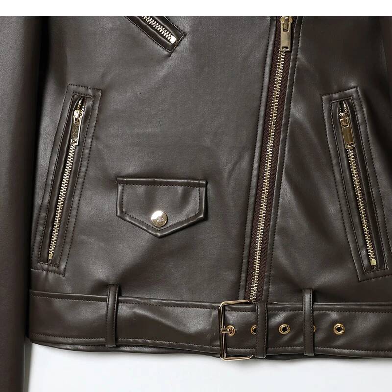 winter jacket women HXAO Brown Short Coat Faux Leather Women Women's Long Sleeve Top Motorcyclist Jacket