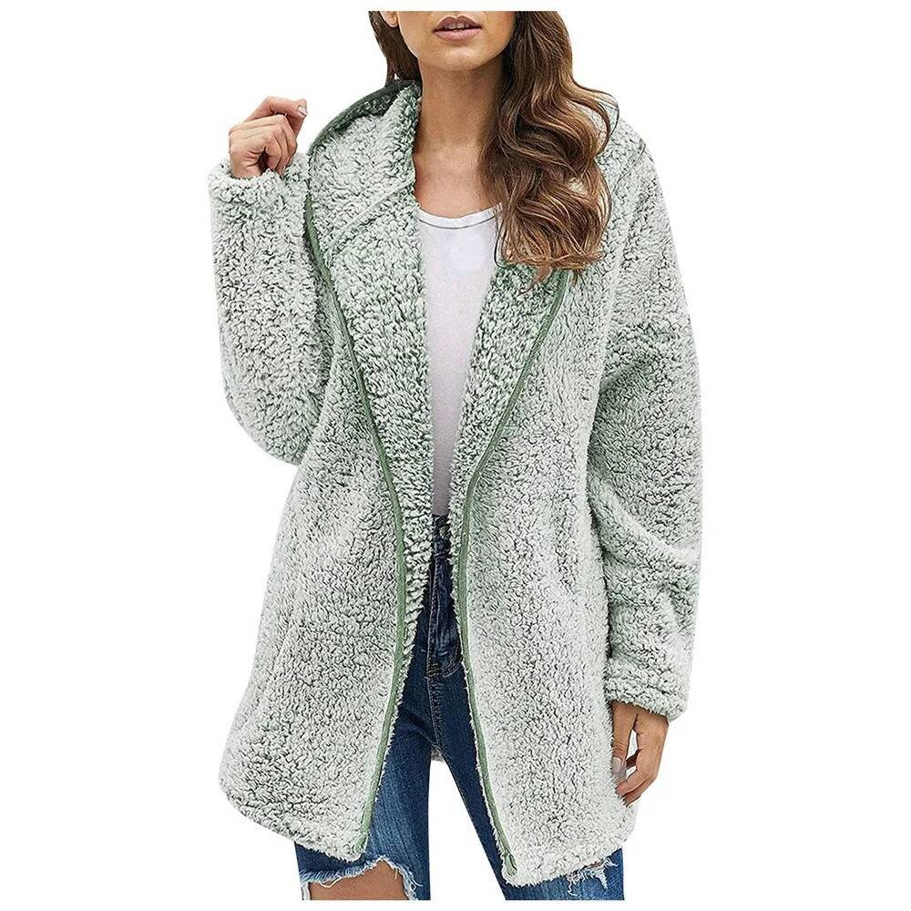 winter jacket women Autumn and Winter New Casual Solid Colour Lapel Hooded Long-sleeved Plush Sweater Fleece Jacket
