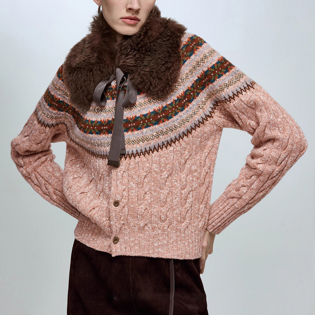 Designer's fashionable retro knitted wool cotton blended fancy yarn open top wool vest