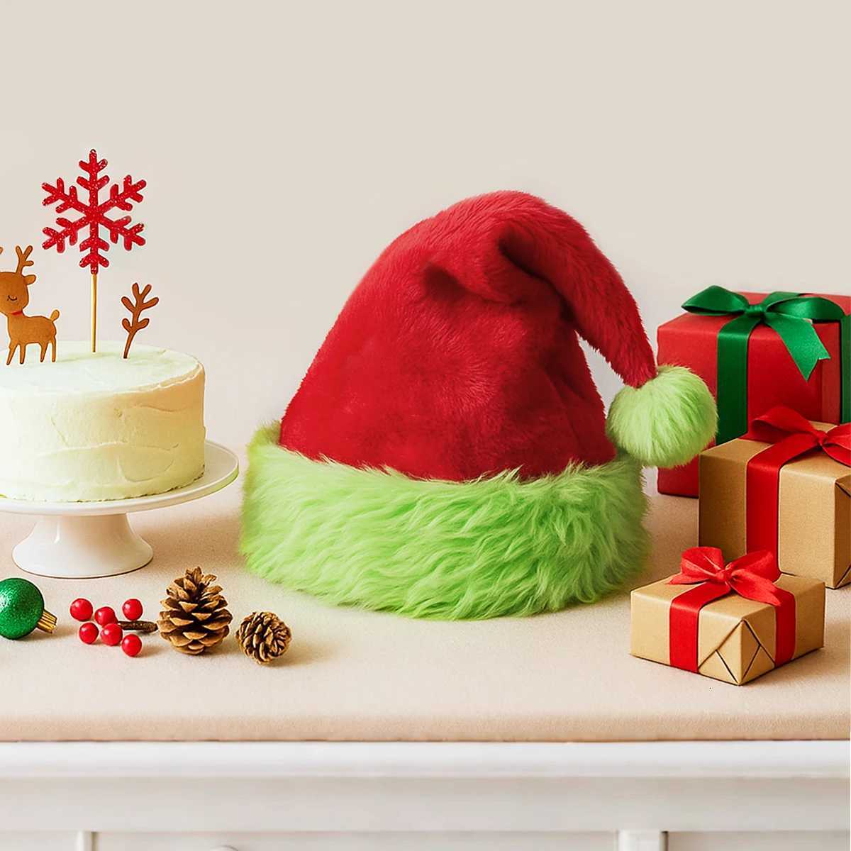 Christmas Santa Hat Christmas Decoration for Home 2025 Xmas Red Green Long Plush Holiday Hats Xmas Ornament New Year Gift 2026W251027