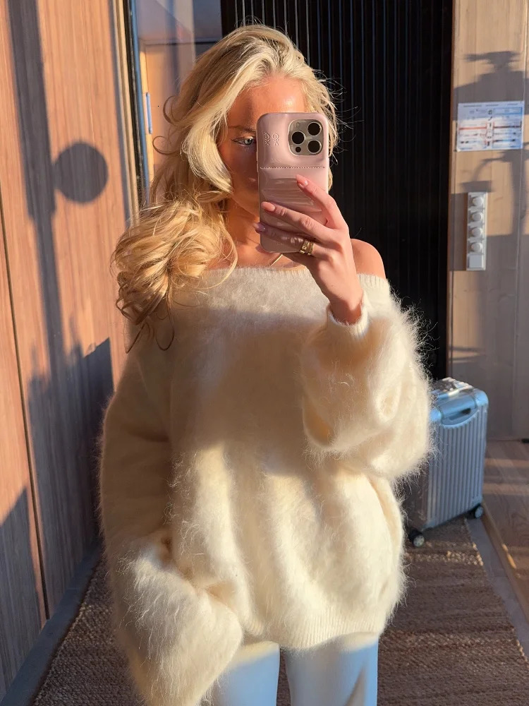 Fluffy Mohair Off Shoulder Cropped Sweater Oversize Slouchy Long Sleeve 2025 Autumn Cozy Women Knit Top Trendy Sweet Lady Jumper 251027