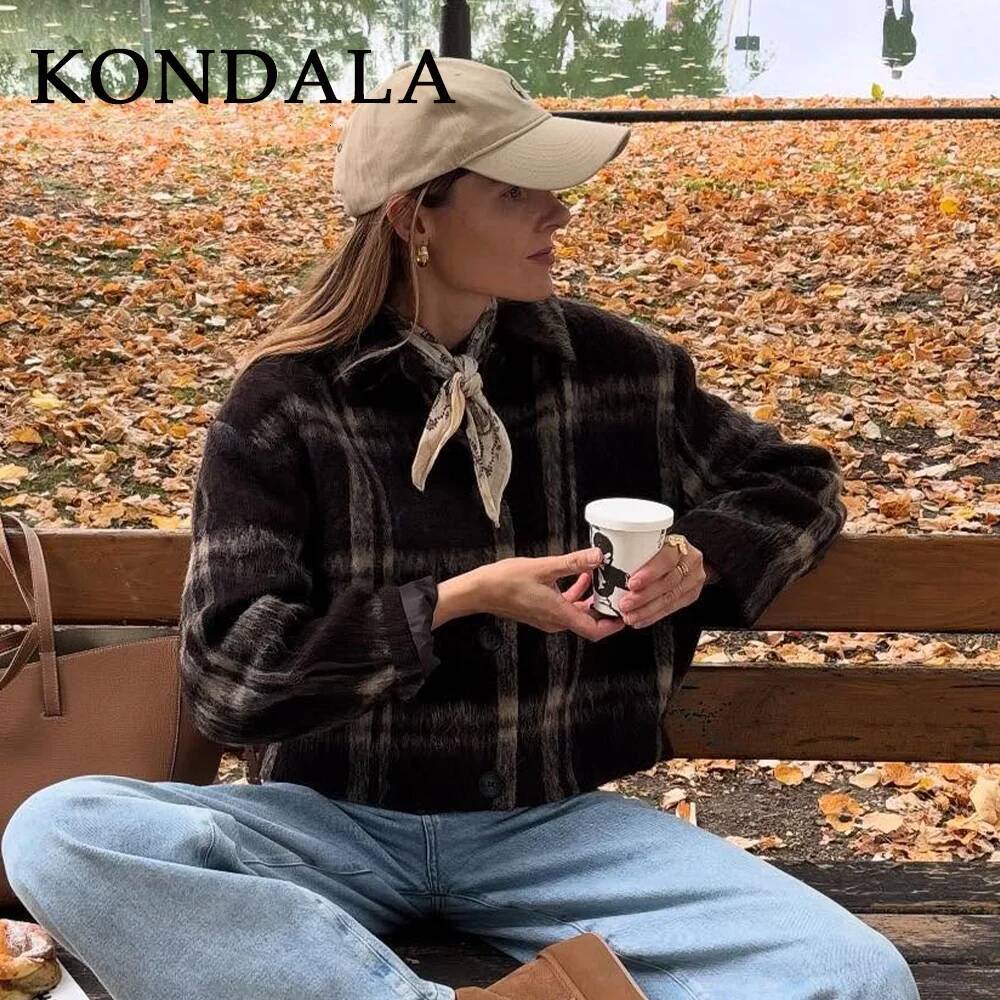 winter jacket women KONDALA Fall Winter Plaid Women Jackets Fashion Elegant Streetwear Turndown Collar Single Breasted Ladies Coats