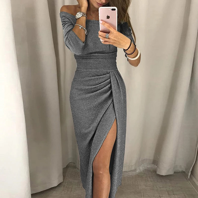 Womens High Waist Bodycon Dress Vintage Bling Sexy Dresses Off Shoulder Bright Silk Shiny Party Lady Split Autumn 251027