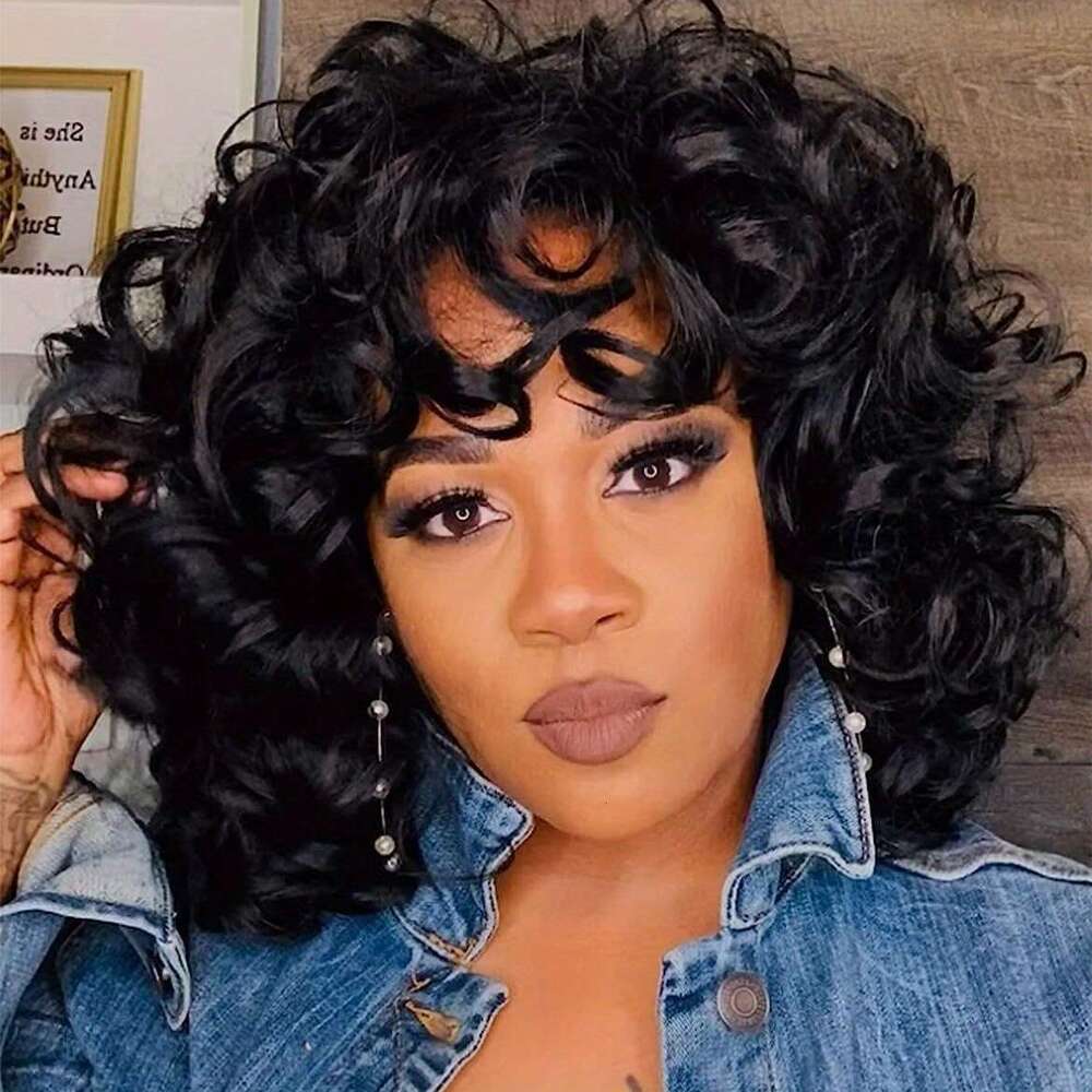 Short Wigs Black Soft, Big Bouncy Fluffy Curly With Bangs Afro Kinky Curls Heat Resistant Natural Looking Synthetic Wig For African American Women - S
