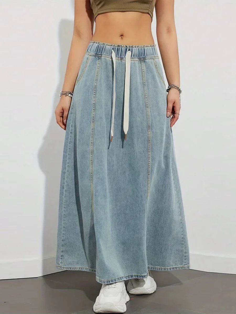 Harajuku Denim Skirt y2k Aesthetic Elastic Drawstring High Waist A Line Flare Jean Ladies Vintage Skirts Streetwear 251027