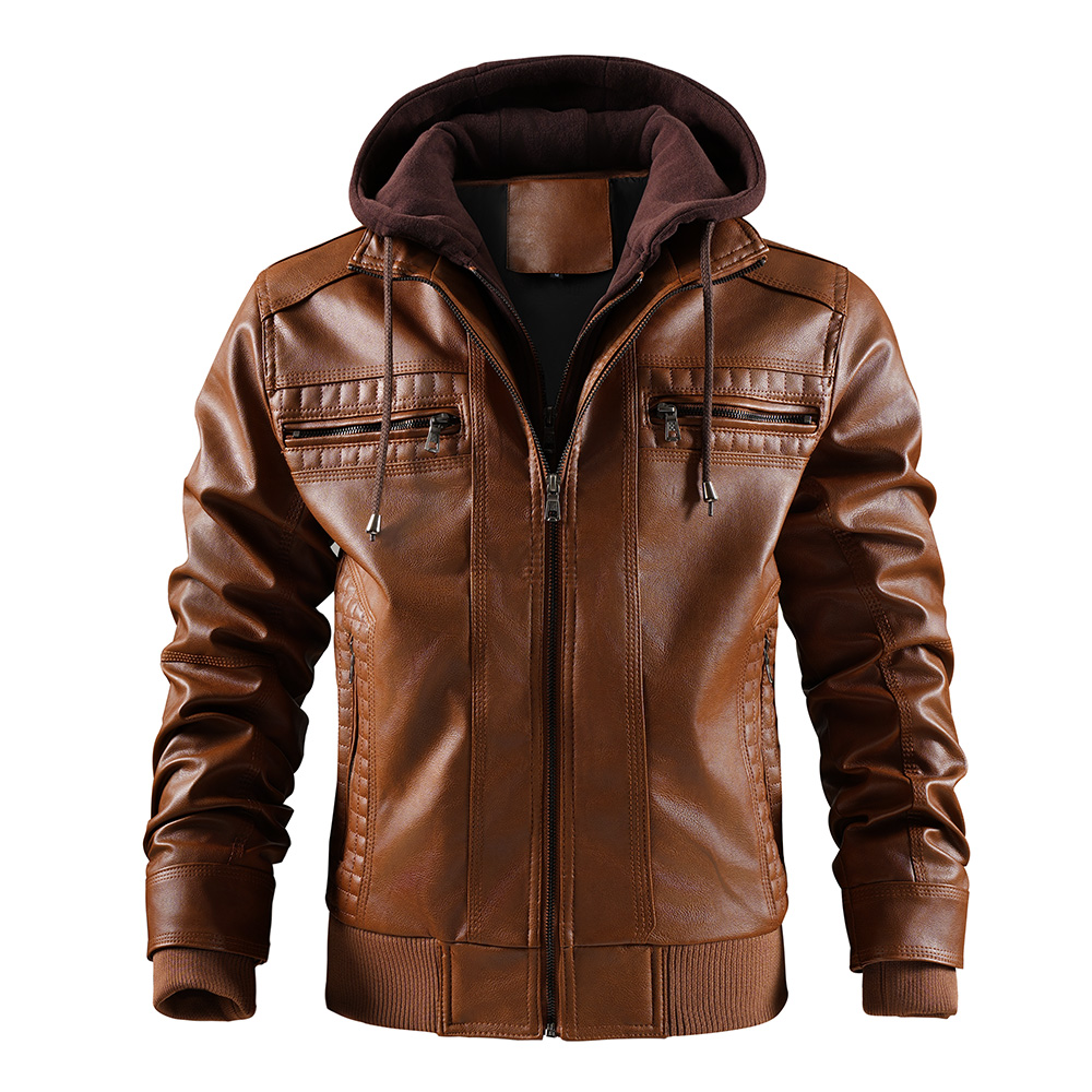 Men's Leather Jackets Autumn and Winter Hooded Motorcycle Jackets Windproof Coldproof and Warm Men Coat Jacket