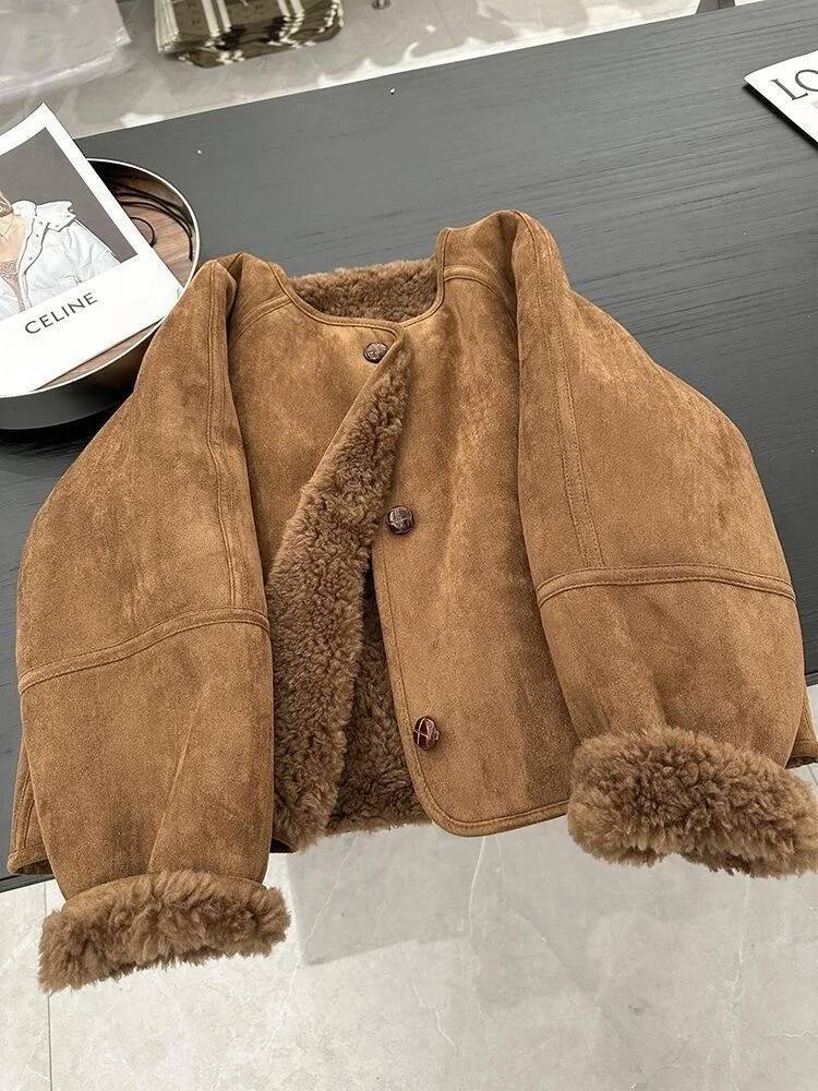 winter jacket women Lamb Wool Jacket Women New Autumn Winter 2025 Suede patchwork Korean Short Top Round Neck Loose Long Sleeved Warm Outwear