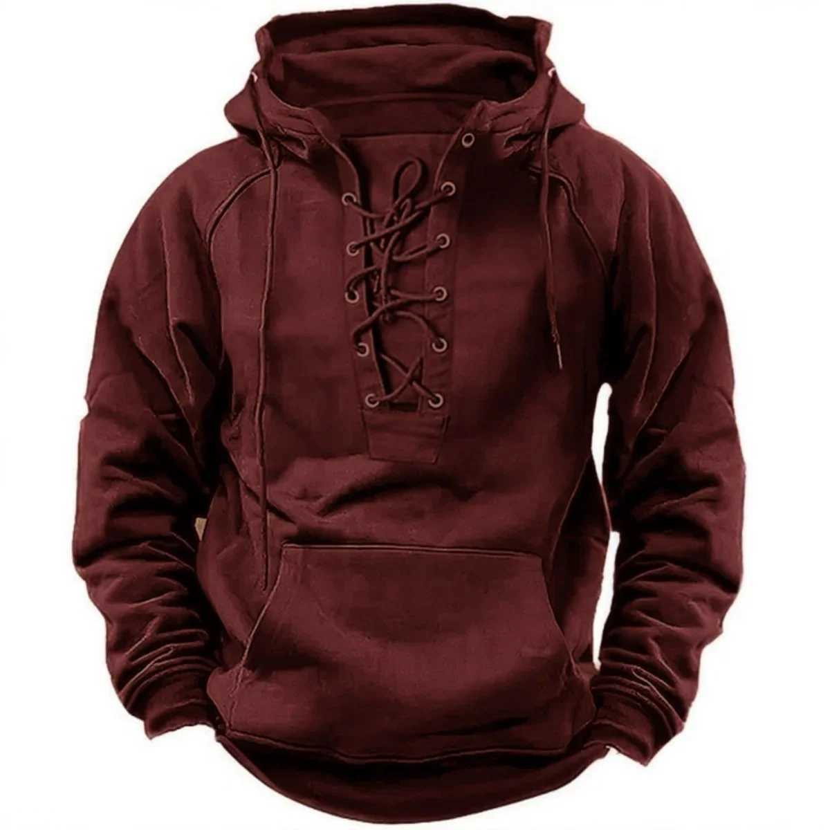 Mens RetroStyle LaceUp Hooded Sweatshirt LooseFitting LongSleeved Pullover Pure Color Design for Autumn Winter Hoodie W251027