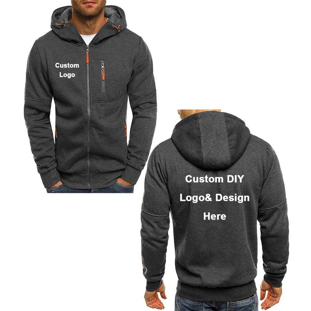 Mens hooded zipper jacket with pockets custom image text casual sports streetwear mens cardigan wool sweater fashion W251027