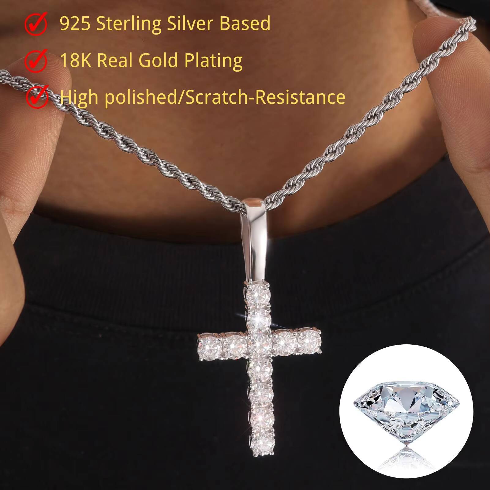 Fine 925 Sterling Silver Clear Cross Pendant Luxury Sparkling VVS D Moissanite Diamond Pendant Necklace for Unisex